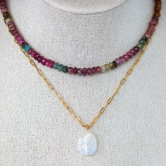 Gemstone Beaded necklace for FALL BEAUTIFUL Watermelon Tourmaline Necklace Gold - Picture 12 of 15